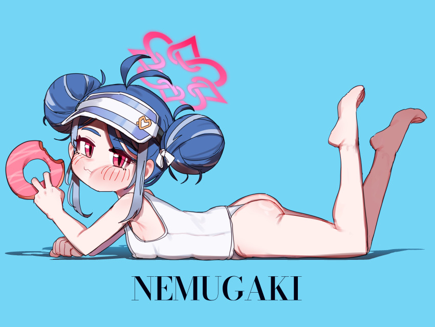 1girl absurdres antenna_hair ass barefoot blue_archive blue_background blue_hair blush breasts commentary double_bun donut feet_up food fubuki_(blue_archive) fubuki_(swimsuit)_(blue_archive) full_body hair_bun halo highres holding holding_food lulubelleiii lying official_alternate_costume on_stomach pink_eyes pink_halo short_hair simple_background small_breasts solo the_pose visor_cap