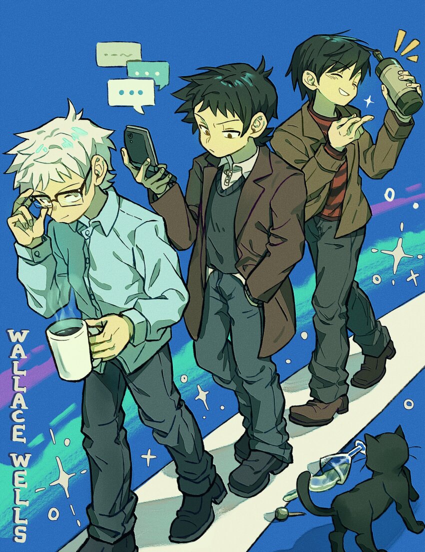 ... 3boys ^_^ absurdres black_cat black_hair blue_background blue_shirt bottle cat cellphone character_name closed_eyes coat cocktail_glass commentary cup denim drinking_glass flip_phone future_wallace_wells glasses highres holding holding_bottle holding_cup holding_phone jeans long_sleeves male_focus martini mature_male mug multiple_boys multiple_persona official_alternate_costume pants phone scott_pilgrim_(comics) scott_pilgrim_(series) scott_pilgrim_takes_off scott_pilgrim_vs_the_world_(movie) shirt short_hair striped_clothes striped_shirt symbol-only_commentary time_paradox trench_coat walking wallace_wells white_hair xxyang4747