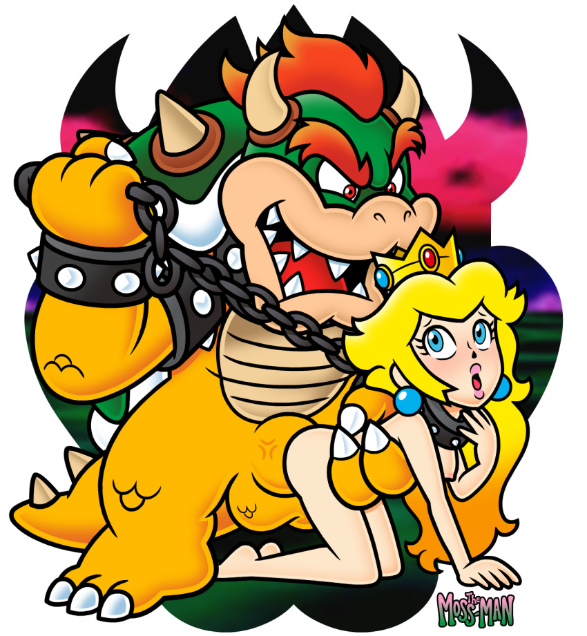 1boy 1girl barefoot blonde_hair bowser chain chain_leash completely_nude crown highres holding holding_leash huge_penis leash mario_(series) nintendo nude penis princess_peach self-upload sex sex_from_behind the_moss-man