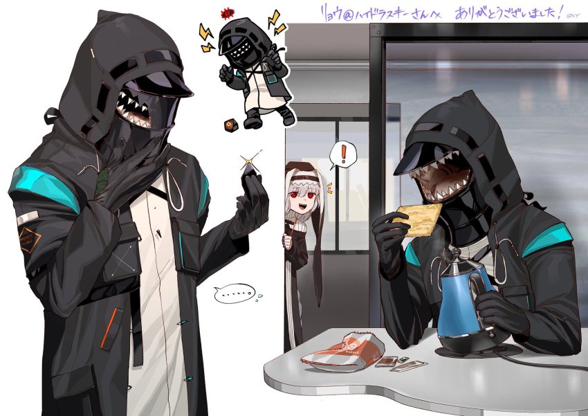 ! ... 1girl 1other :d arknights black_coat black_dress black_gloves black_nails bread bread_slice broken_mask chibi coat doctor_(arknights) dress electric_kettle food gloves grey_hair habit highres holding holding_food hood hood_up hooded_coat indoors instant_noodle_block jewelry kettle long_hair long_sleeves mask nail_polish necklace nun open_clothes open_coat open_mouth pack_noodles peeking_out red_eyes ryou_(ashrevolver) sharp_teeth signature smile specter_(arknights) speech_bubble spoken_ellipsis spoken_exclamation_mark table teeth toast water_boiler