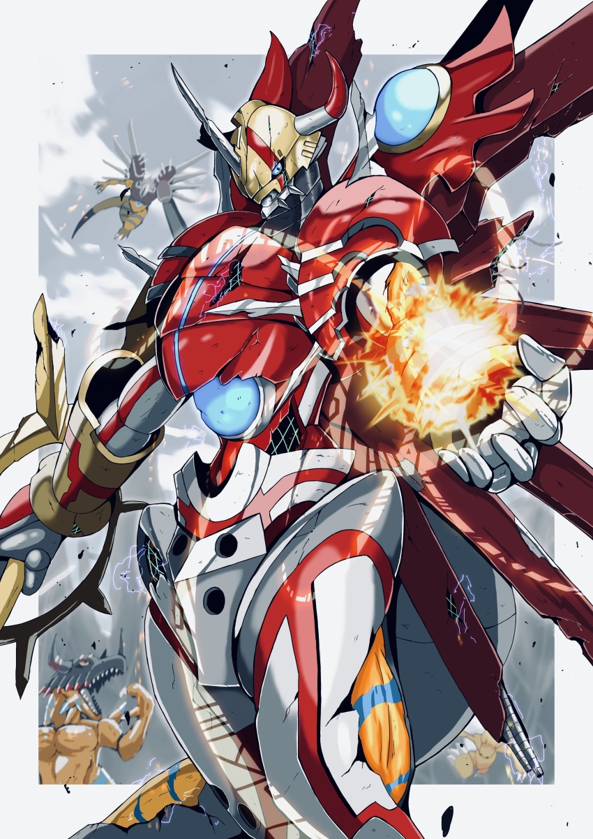 absurdres agumon_(digimon_savers) arm_cannon armor blue_eyes border broken_armor colored_skin digimon digimon_savers dinosaur double_blade dragon evolutionary_line fire geogreymon highres holding holding_sword holding_weapon horns mechanical_wings orange_skin red_armor rizegreymon sawa_d shinegreymon solo_focus sword weapon white_border wings