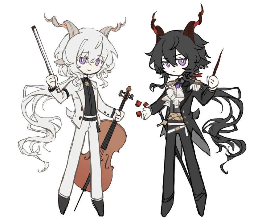 2boys animal_ears arknights belt black_belt black_coat black_hair black_shirt black_shoes bow_(music) bright_pupils brown_horns buttons cello chibi chinese_commentary closed_mouth coat collared_shirt colored_eyelashes commentary_request ebenholz_(arknights) epaulettes full_body goat_boy goat_ears goat_horns grey_shirt hand_up highres holding holding_bow_(music) holding_instrument horns huidu instrument jacket jitome kreide_(arknights) long_hair long_sleeves male_focus multiple_belts multiple_boys open_clothes open_coat open_jacket pants ponytail purple_eyes shirt shoes simple_background smile sword tareme wavy_hair weapon white_background white_belt white_hair white_pants white_pupils