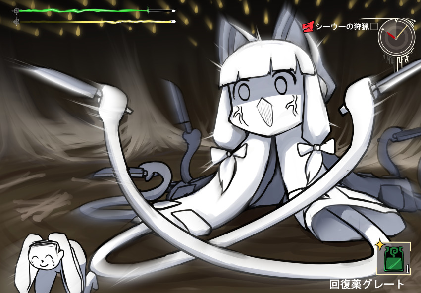 1boy 1girl absurdres anger_vein animal_ears blue_archive cowering crying death_momoi_(meme) doodle_sensei_(blue_archive) dot_nose fake_animal_ears heads-up_display health_bar highres holding holding_knife kitchen_knife knife meme momoi_(blue_archive) monster_hunter_(series) monster_hunter_wilds motion_blur nubebenbe open_mouth parody potion sensei_(blue_archive) tears tentacles trait_connection user_interface xu_wu_(monster_hunter)
