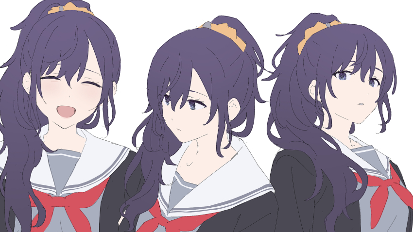 1girl :d asahina_mafuyu black_cardigan cardigan closed_eyes hair_ornament hair_scrunchie highres light_frown mikazuchi_zeus multiple_views neckerchief open_cardigan open_clothes open_mouth parted_lips ponytail portrait project_sekai purple_eyes purple_hair purple_shirt red_neckerchief sailor_collar school_uniform scrunchie serafuku shirt simple_background smile white_background white_sailor_collar yellow_scrunchie