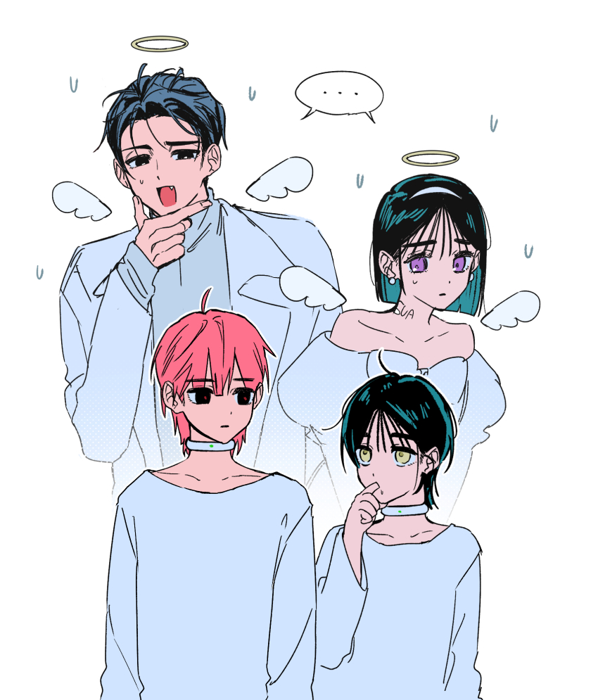 ... 1girl 3boys alien_stage black_eyes black_hair bob_cut choker dress earrings fang finger_in_own_mouth hairband halo hand_on_own_chin highres ivan_(alien_stage) jewelry kyon_(zmwh8222) medium_hair mini_wings multiple_boys neck_tattoo open_mouth pink_hair purple_eyes red_pupils shirt short_hair small_sweatdrop spoken_ellipsis sua_(alien_stage) tattoo traditional_halo white_choker white_dress white_hairband white_shirt white_wings wings yellow_eyes
