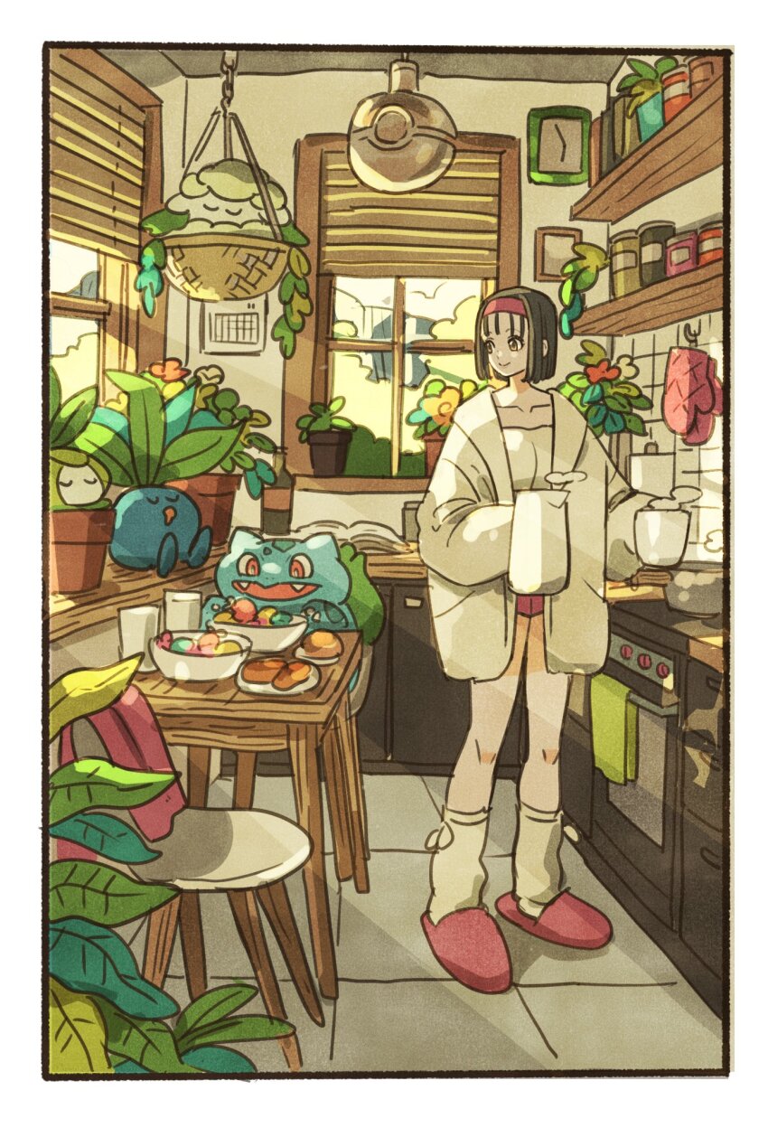 1girl 2024 basket black_hair brown_eyes bulbasaur cabinet ceiling_basket chair clock closed_eyes coffee_pot cookbook cooking_pot cottonee cup erika_(pokemon) food gen_1_pokemon gen_5_pokemon headdress highres holding holding_cup indoors kitchen nintendo oddish open_mouth oven oven_mitts petilil plant pokemon pokemon_(creature) pokemon_rgby potted_plant red_eyes resting robe shelf slippers smile table takeuchi_ryousuke wall_clock white_robe window