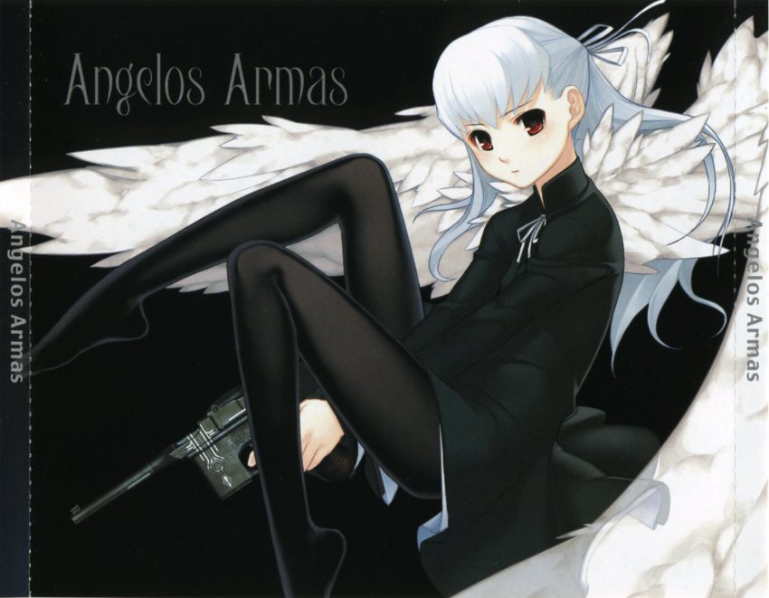 1girl albino angel_wings angelos_armas blush chuuou_higashiguchi cover dress feet female_focus gun hair_ribbon handgun henri highres leg_up long_hair non-web_source pantyhose red_eyes ribbon scan short_dress sitting skirt solo spandex weapon white_hair wings