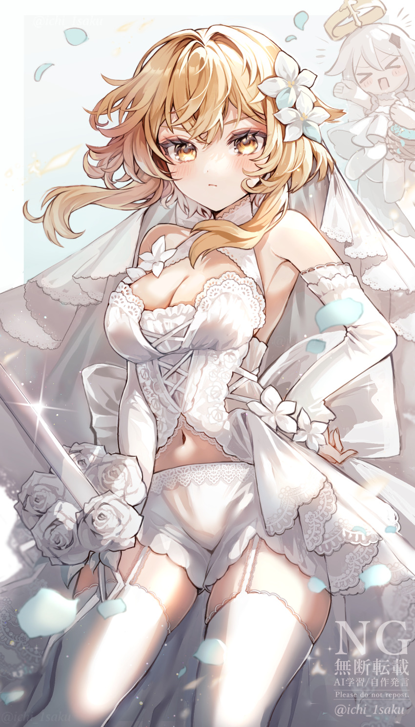 &gt;_&lt; 2girls :/ alternate_costume bare_shoulders basket blonde_hair blush breasts bridal_veil cleavage closed_mouth clothing_request commentary_request dress elbow_gloves flower garter_straps genshin_impact gloves hair_between_eyes hair_flower hair_ornament hand_on_own_hip highres holding holding_basket ichiyume_ichiyu looking_at_viewer lumine_(genshin_impact) medium_breasts midriff multiple_girls navel open_mouth paimon_(genshin_impact) panties short_hair_with_long_locks thighhighs twitter_username underwear veil wedding_dress white_dress white_flower white_garter_straps white_gloves white_panties white_thighhighs white_veil wicker_basket yellow_eyes