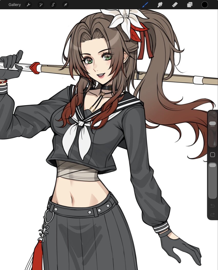 1girl aerith_gainsborough aerith_gainsborough_(midgard_seventh_high_school) art_program_in_frame bandaged_torso black_choker black_gloves black_sailor_collar black_serafuku black_shirt black_skirt bracelet breasts brown_hair choker colored_tips delinquent final_fantasy final_fantasy_vii final_fantasy_vii:_ever_crisis flower gloves gradient_hair green_eyes grey_neckerchief hair_flower hair_ornament hair_ribbon half_updo heart heart_choker highres holding holding_staff jewelry long_sleeves looking_at_viewer lukrevadraws medium_breasts midriff multicolored_hair neckerchief official_alternate_costume open_mouth over_shoulder parted_bangs pleated_skirt red_hair red_ribbon ribbon sailor_collar school_uniform serafuku shinai shirt side_ponytail sidelocks skirt smile solo staff sukeban sword two-tone_hair weapon weapon_over_shoulder white_background white_flower