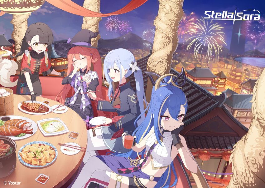 4girls :d :t ^_^ absurdres aerial_fireworks bamboo_steamer bare_shoulders black_dress black_gloves black_hat black_jacket black_shorts blonde_hair blue_hair blunt_bangs braid breasts buttons char-siu chinese_clothes chinese_food chopsticks cityscape closed_eyes collared_shirt commentary commentary_request crop_top cropped_shirt cup double-breasted dress dress_shirt drinking_glass earrings eating english_commentary fireworks flower food food_request freesia_(stella_sora) gloves grey_hair grey_skirt hair_bun hair_flower hair_ornament hat highres holding holding_chopsticks holding_cup holding_food holding_plate jacket jewelry jinglin_(stella_sora) juliet_sleeves lantern_festival leaning_forward long_hair long_sleeves low_twin_braids mapo_tofu medium_breasts miniskirt minova_(stella_sora) mistique_(stella_sora) monolith_(object) mountainous_horizon multicolored_hair multiple_girls navel night official_art open_mouth orange_hair outdoors pantyhose peking_duck_(food) pink_eyes pinstripe_pattern pinstripe_shirt plate pleated_skirt ponytail puffy_sleeves red_eyes red_jacket red_shirt sauce second-party_source shirt short_dress short_shorts shorts side_ponytail sitting skirt sky_lantern sleeveless sleeveless_shirt smile soeyumi steamed_bun stella_sora stomach streaked_hair tail tangzhuang thighhighs tumbler_glass twin_braids twintails very_long_hair white_flower white_pantyhose white_shirt white_thighhighs witch_hat yellow_eyes