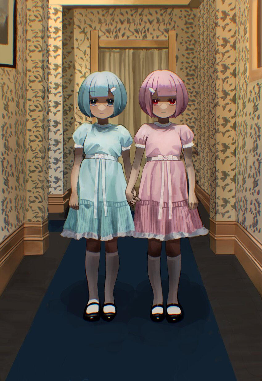 2girls absurdres black_footwear blue_carpet blue_dress blue_eyes blue_hair blunt_bangs bob_cut carpet child commentary_request dress frilled_dress frills hair_ornament hairclip highres holding_hands indoors jouge2983 looking_at_viewer mirror_twins multiple_girls parody pink_dress pink_hair ram_(re:zero) re:zero_kara_hajimeru_isekai_seikatsu red_eyes rem_(re:zero) ribbon short_hair short_sleeves siblings sisters socks the_shining twins wallpaper_(object) white_socks