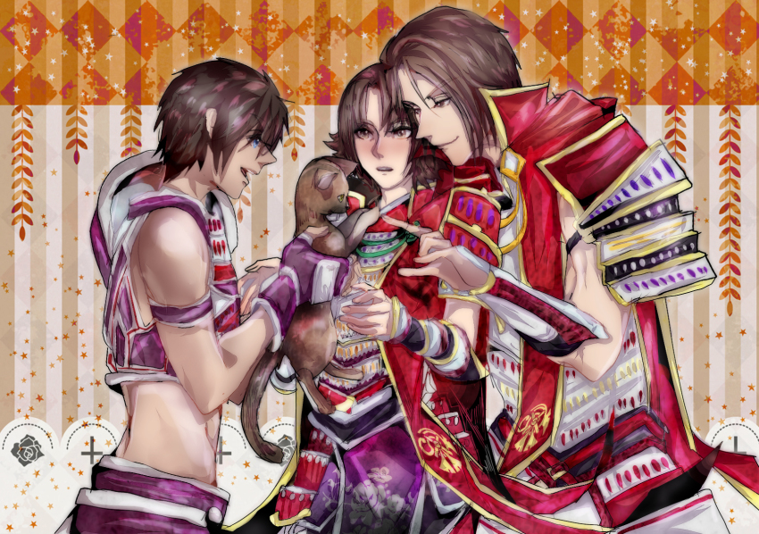 animal armor blue_eyes blush brown_eyes brown_hair bvslime cape cat highres holding holding_animal holding_cat japanese_clothes midriff sengoku_musou shimazu_toyohisa tachibana_ginchiyo tachibana_muneshige