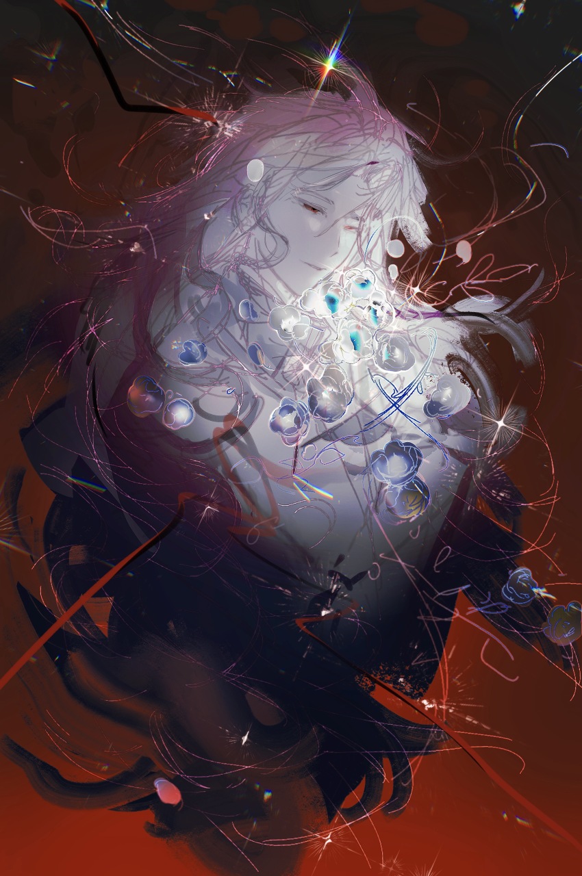 1boy absurdres blue_flower chinese_commentary colored_eyelashes commentary_request cropped_torso curtained_hair flower grey_flower hatsutori_hajime heibaihuabing highres jacket long_hair male_focus parted_bangs pink_hair red_background red_eyes saibou_shinkyoku smile solo white_jacket