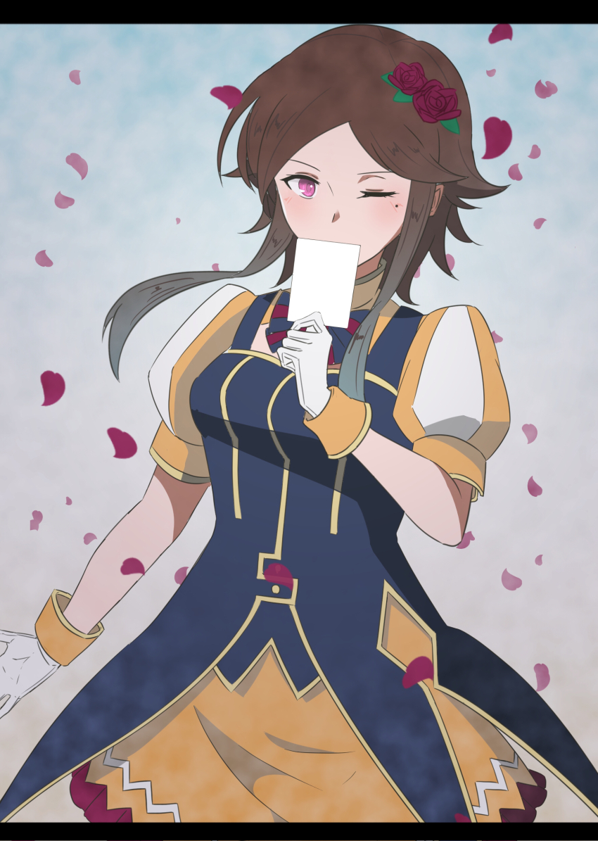 1girl absurdres black_bow black_bowtie black_dress blush bow bowtie breasts brown_hair card collared_dress covering_own_mouth cowboy_shot dress falling_petals flower gloves hair_flower hair_ornament hand_up heichi highres holding holding_card idol_clothes letterboxed looking_at_viewer love_live! love_live!_school_idol_festival medium_breasts mole mole_under_eye multicolored_dress one_eye_closed orange_dress orange_wrist_cuffs parted_bangs petals pink_eyes puffy_short_sleeves puffy_sleeves purple_flower purple_rose red_bow red_bowtie rose rose_petals shido_misaki_(love_live!) short_hair_with_long_locks short_sleeves sidelocks solo standing v-shaped_eyebrows white_gloves wrist_cuffs