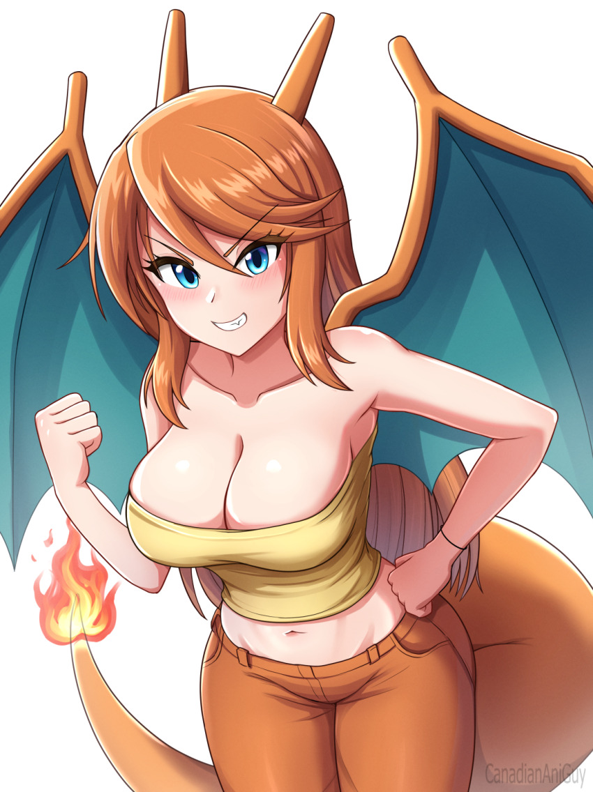 1girl bare_arms breasts canadiananiguy charizard cleavage clenched_hand dragon_girl dragon_horns dragon_tail fire flame-tipped_tail gen_1_pokemon highres horns large_breasts midriff nintendo personification pokemon solo strapless tail tube_top wings