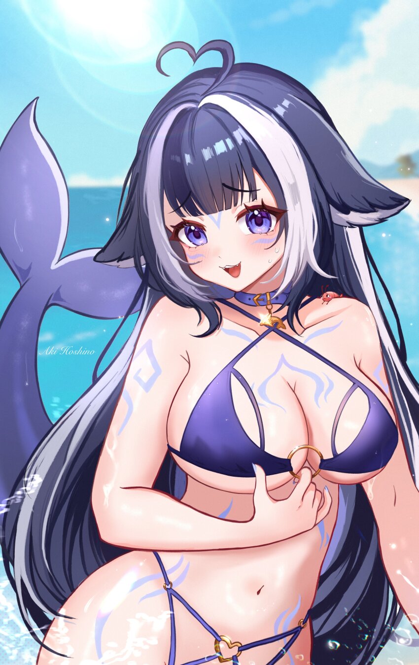 1girl absurdres ahoge aki_hoshino artist_name belt belt_collar bikini black_hair body_markings breasts cetacean_tail cleavage cloud collar collarbone facial_mark fins fish_tail heart heart_ahoge heart_o-ring highres indie_virtual_youtuber long_hair multicolored_hair navel o-ring o-ring_top open_mouth orca_girl purple_belt purple_bikini purple_eyes shrimp shylily shylily_(bikini) sky smile solo streaked_hair swimsuit tail virtual_youtuber wet white_hair