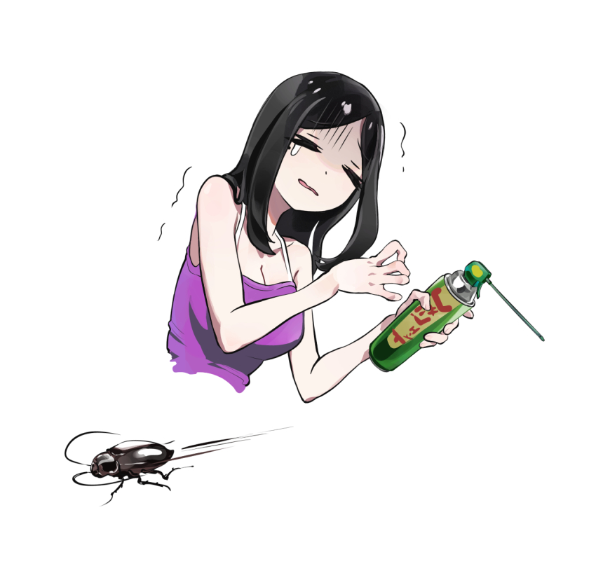 1girl bare_arms bare_shoulders black_hair breasts bug camisole cleavage closed_eyes cockroach commentary_request cropped_torso highres holding insect insecticide large_breasts long_hair mo0o0rae parted_bangs parted_lips purple_camisole sakurai_touko scared senpai_ga_uzai_kouhai_no_hanashi simple_background single_tear solo trembling white_background