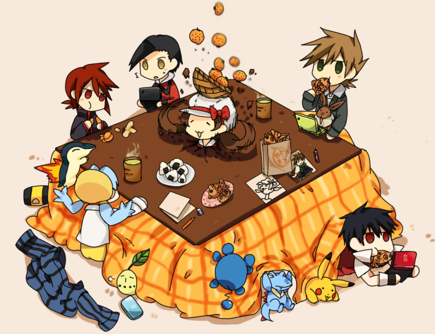 00s 1990s_(style) 4boys bad_id bad_pixiv_id baseball_cap black_hair blue_hair blue_oak blue_oak_(pokemon_hgss) breaking brown_hair chikorita cyndaquil eating eevee ethan_(pokemon) food fruit gen_1_pokemon gen_2_pokemon handheld_game_console hat kotatsu kris_(pokemon) lyra_(pokemon) mandarin_orange marill multiple_boys multiple_girls nintendo nintendo_ds orange_(fruit) pikachu pokemon pokemon_(creature) pokemon_gsc pokemon_hgss pokemon_rgby red_(pokemon) red_hair retro_artstyle short_hair silver_(pokemon) silver_(pokemon)_(remake) starter_pokemon_trio table tomoyami totodile twintails
