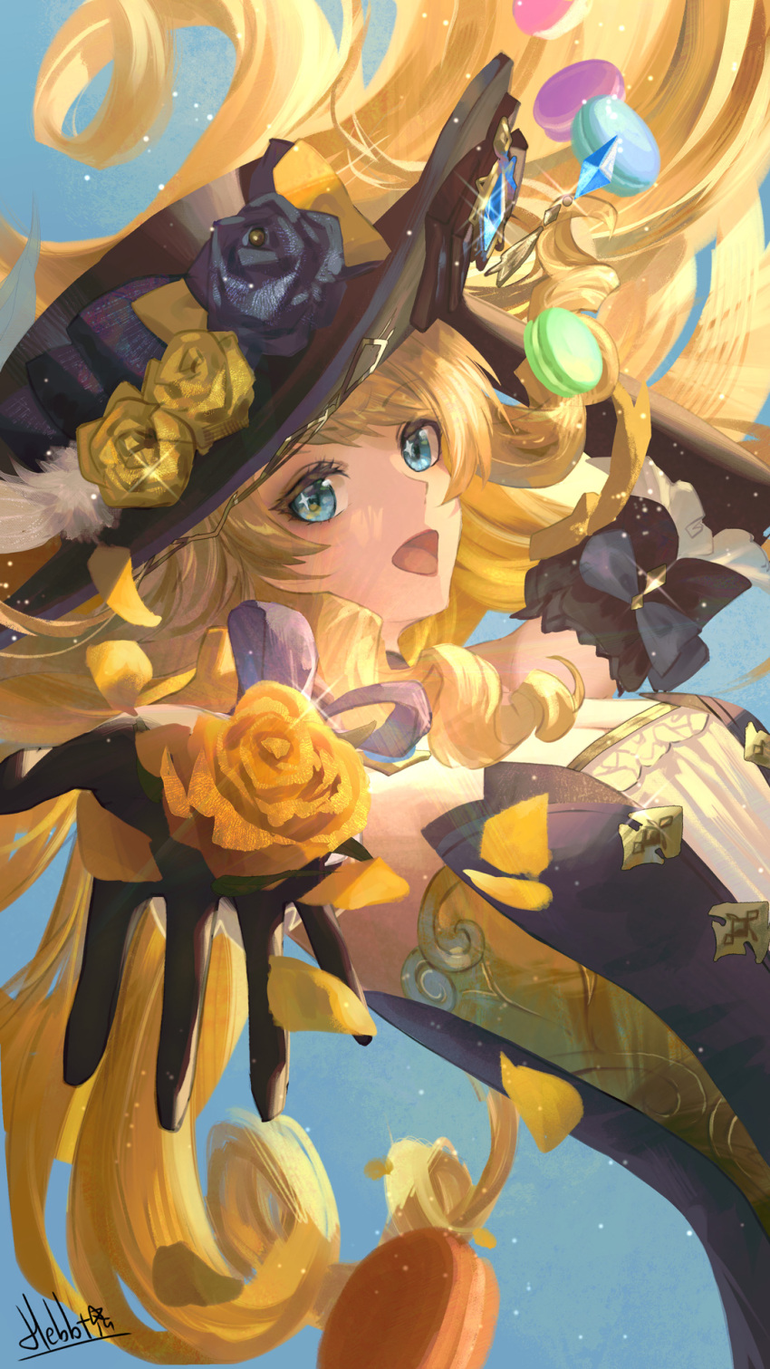 1girl :d bare_shoulders black_dress black_flower black_gloves black_hat blonde_hair blue_eyes blue_gemstone breasts cleavage commentary dress drill_hair english_commentary floating_hair flower food from_side gem genshin_impact gloves hat hat_flower hebbtia highres long_hair looking_at_viewer macaron medium_breasts mixed-language_commentary navia_(genshin_impact) open_mouth outstretched_arms revision signature smile solo strapless strapless_dress upper_body very_long_hair yellow_flower