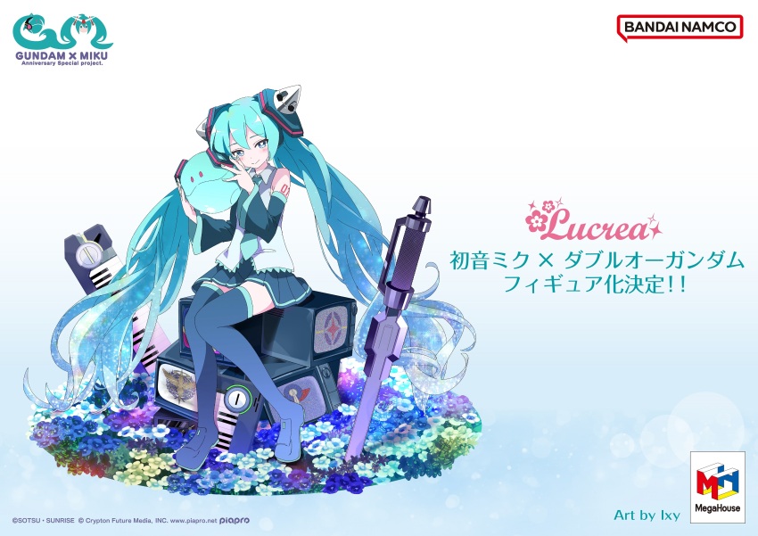1girl absurdres aqua_eyes aqua_hair aqua_necktie arm_tattoo artist_name bandai black_boots black_skirt black_sleeve_cuffs blue_flower blue_hair blush boots bright_pupils celestial_being closed_mouth collared_shirt commentary_request company_name copyright_name copyright_notice crt detached_sleeves english_text flower gn_drive gradient_hair green_flower grey_shirt gundam gundam_00 gundam_00_a_wakening_of_the_trailblazer hair_between_eyes hair_ornament haro hatsune_miku highres instrument ixy keyboard_(instrument) long_hair looking_at_viewer mixed-language_text multicolored_hair necktie non-humanoid_robot number_tattoo official_art planted planted_sword planted_weapon pleated_skirt purple_flower robot second-party_source shirt sitting skirt sleeveless sleeveless_shirt smile solo starry_hair sword tattoo television thigh_boots twintails very_long_hair vocaloid watermark weapon web_address white_pupils wide_sleeves yellow_flower