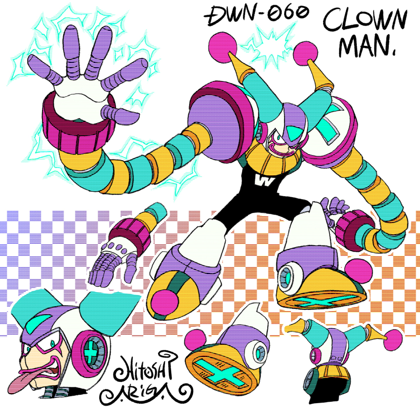 1boy android aqua_eyes aqua_gemstone ariga_hitoshi armor artist_name black_bodysuit bodysuit boots character_name checkered_background clown clown_boy clown_man commentary_request concept_art cross electricity facepaint fake_horns forehead_jewel from_behind full_body gem gradient_background hand_up helmet highres horned_helmet horns jester jester_boy knee_boots long_arms long_tongue looking_ahead looking_at_viewer male_focus mega_man_(classic) mega_man_(series) mega_man_8 mega_man_megamix multiple_views no_humans open_hand orange_background portrait purple_background reference_sheet robot robot_ears scanlines shoe_soles shoulder_armor signature simple_background smile spread_fingers standing teeth tongue tongue_out turnaround upper_body white_background