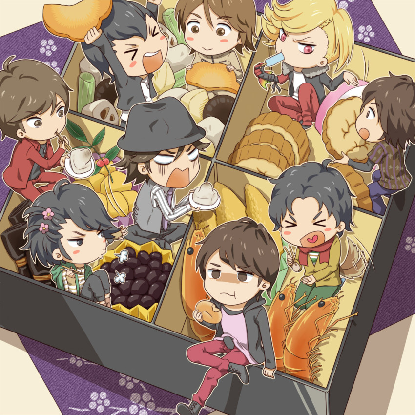 &gt;_&lt; 6+boys ankh_(ooo) arms_up asymmetrical_hair beans bento black_hair blonde_hair blush_stickers boots brown_eyes brown_hair chopsticks closed_eyes cross-laced_footwear dog_tail donut food hair_ornament hairclip hat heart heart_in_mouth hidari_shoutarou hino_eiji hood hoodie jewelry kamen_rider kamen_rider_fourze_(series) kamen_rider_ooo_(series) kamen_rider_w kamen_rider_wizard_(series) kemonomimi_mode kisaragi_gentarou male_focus mochi multiple_boys nara_shunpei natsucos necklace open_mouth philip philip_(kamen_rider) popsicle red_eyes sakuta_ryuusei scarf school_uniform smile souma_haruto tail tail_wagging terui_ryuu vegetable vest wagashi