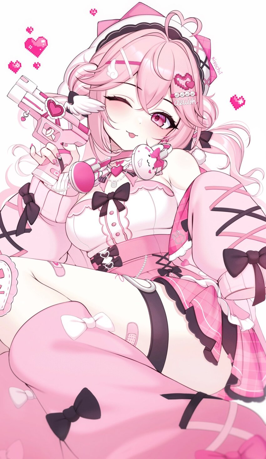 1girl :3 ahoge bare_shoulders breasts choker closed_mouth commission gun hairband hand_up handgun headphones headphones_around_neck heart heart_ahoge high-waist_skirt highres holding holding_gun holding_weapon indie_virtual_youtuber jacket kiyochii kneehighs long_hair looking_at_viewer medium_breasts miniskirt off_shoulder one_eye_closed pink_choker pink_eyes pink_hair pink_jacket pink_skirt pink_socks pink_theme pleated_skirt shirt shirt_tucked_in simple_background skirt sleeveless sleeveless_shirt smile socks solo thigh_strap thighs tongue tongue_out virtual_youtuber weapon white_background white_shirt