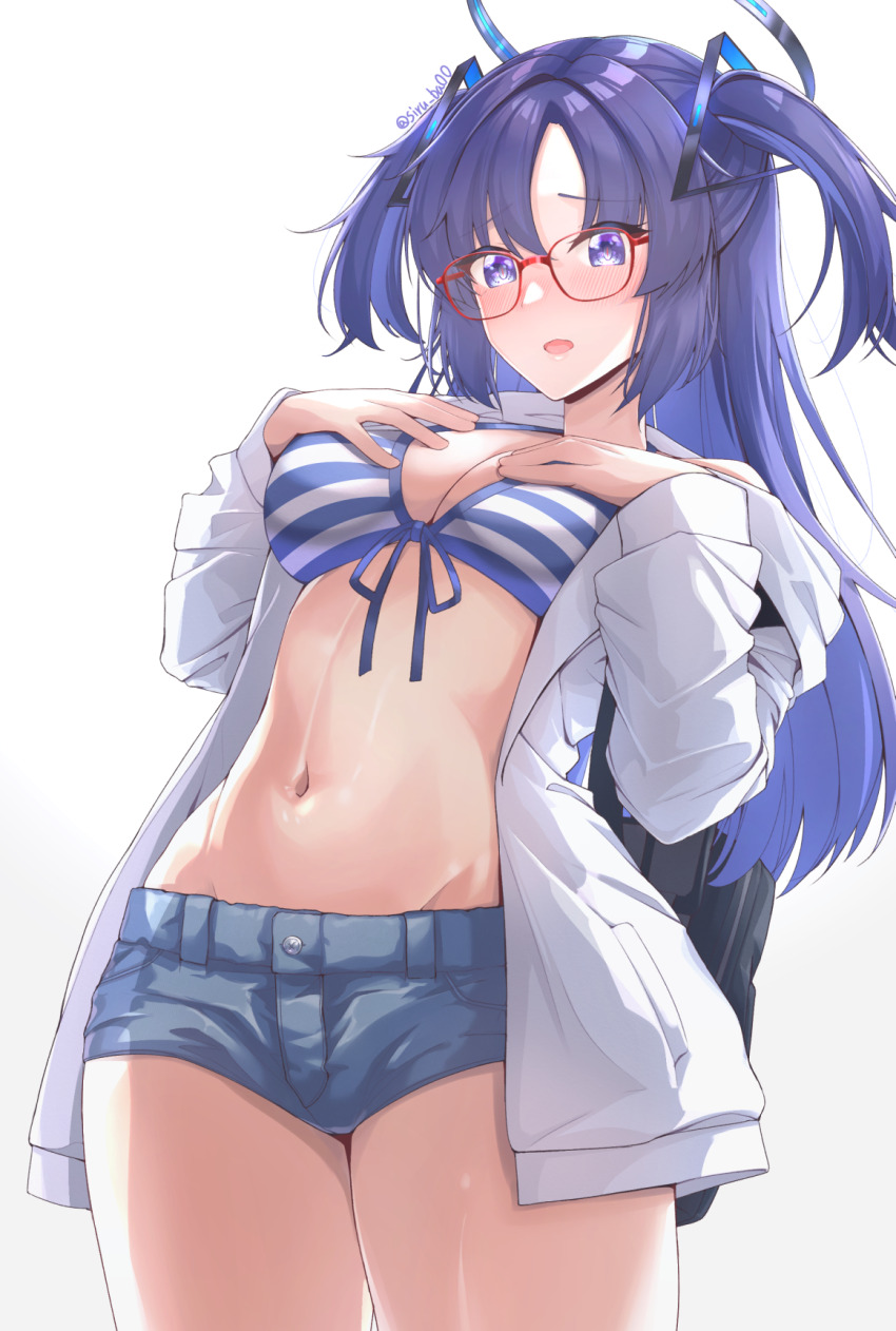 1girl ayane_(blue_archive) ayane_(blue_archive)_(cosplay) ayane_(swimsuit)_(blue_archive) bespectacled bikini blue_archive blush breast_suppress breasts cleavage commentary cosplay cowboy_shot denim denim_shorts glasses halo hands_on_own_chest highres kagin_(kagou_shita_nanika) long_hair looking_at_viewer mechanical_halo medium_breasts navel official_alternate_costume open_clothes open_mouth purple_eyes purple_hair red-framed_eyewear shirt short_shorts shorts simple_background solo stomach striped_bikini striped_clothes swimsuit triangular_headpiece twintails white_background white_shirt yuuka_(blue_archive)