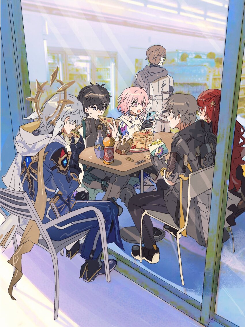 2girls 4boys astral_express_(honkai:_star_rail) black-framed_eyewear black_choker black_coat black_gloves black_hair black_pants black_shirt black_shoes blue_eyes blue_jacket blue_pants blue_shoes blue_skirt blush boots bottle brown_eyes brown_hair burger caelus_(honkai:_star_rail) cellphone chinese_clothes chips_(food) choker closed_mouth coat collared_shirt crossed_legs dada_dain dan_heng_(honkai:_star_rail) dan_heng_(hunt)_(honkai:_star_rail) drink eating feathered_wings fingerless_gloves food french_fries glasses gloves grey_eyes grey_hair grey_jacket grey_pants grey_scarf hair_between_eyes hair_ornament halo halo_behind_head hands_up head_wings highres himeko_(honkai:_star_rail) holding holding_burger holding_food holding_phone holding_pizza honkai:_star_rail honkai_(series) hood hooded_coat indoors jacket juice long_hair long_sleeves looking_at_phone march_7th_(honkai:_star_rail) march_7th_(preservation)_(honkai:_star_rail) multicolored_eyes multicolored_jacket multiple_boys multiple_girls on_chair open_clothes open_coat open_mouth package pancake pancake_stack pants partially_fingerless_gloves phone pink_hair pizza plate pleated_skirt purple_eyes red_hair scarf shirt shoes short_hair sitting skirt smartphone smile sneakers standing sunday_(honkai:_star_rail) sunlight sweatdrop table trailblazer_(honkai:_star_rail) two-tone_jacket wavy_hair welt_yang white_coat white_jacket white_scarf white_shirt window wings