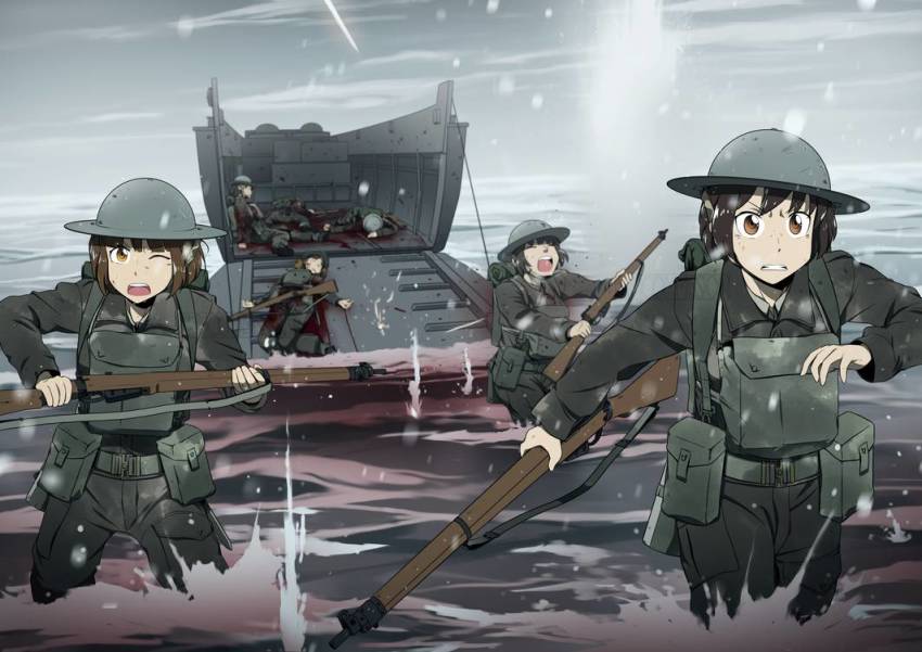 backpack bag blood bolt_action brodie_helmet brown_eyes combat_helmet death gun helmet landing_craft lee-enfield long_hair long_sleeves military military_uniform military_vehicle mrxinom multiple_girls original rifle soldier splashing united_kingdom water watercraft weapon world_war_ii