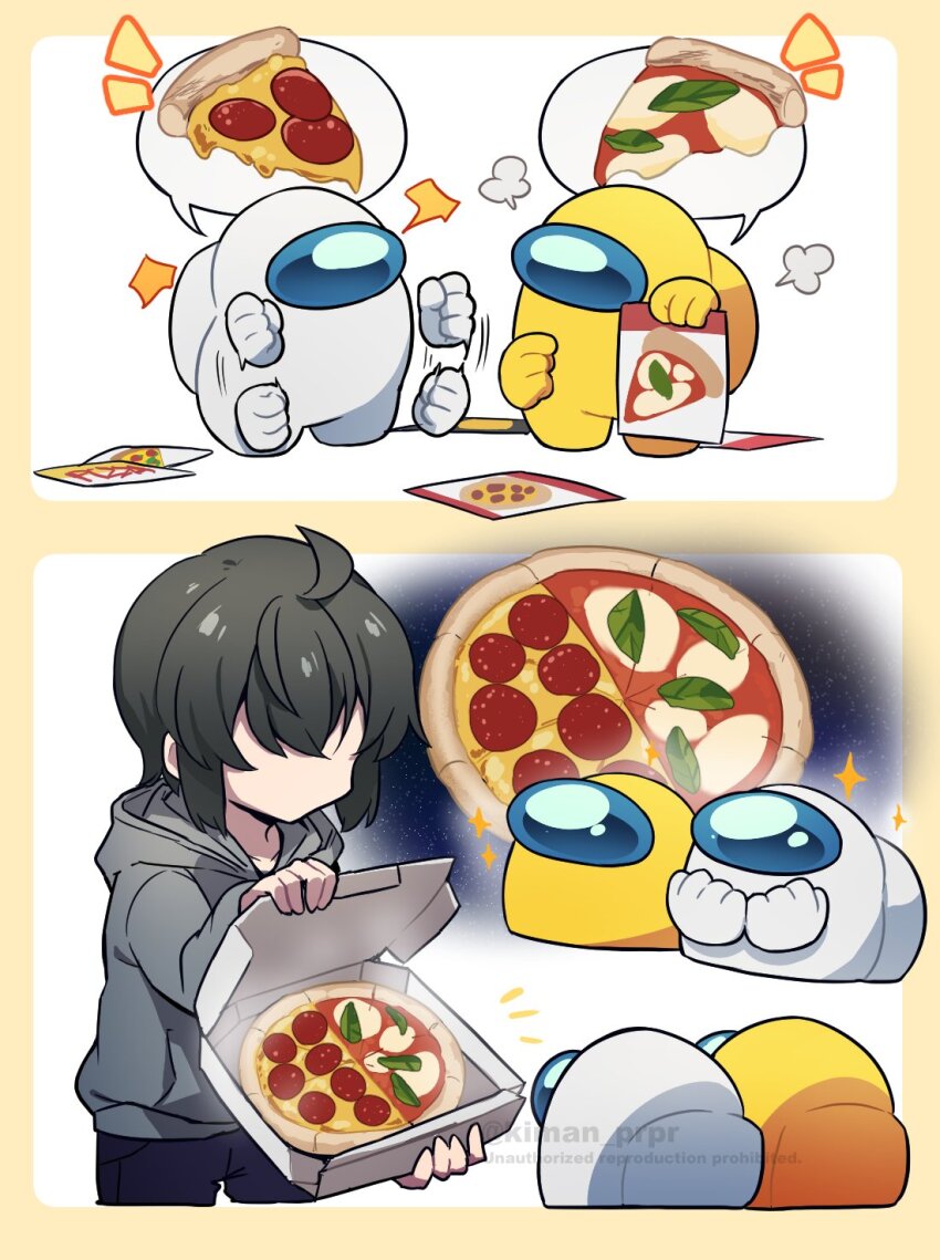 2koma 3others ahoge ambiguous_gender among_us androgynous black_hair blue_pants box clenched_hands comic commentary_request crewmate_(among_us) disembodied_hand drawing_(object) english_text faceless food grey_hoodie highres holding holding_box holding_drawing hood hood_down hoodie kiman leaf margherita_pizza multiple_others original pants pizza pizza_box pizza_slice pointing short_hair sidelocks silent_comic spacesuit sparkle spoken_food they_(kiman) twitter_username watermark white_(among_us) yellow_(among_us)
