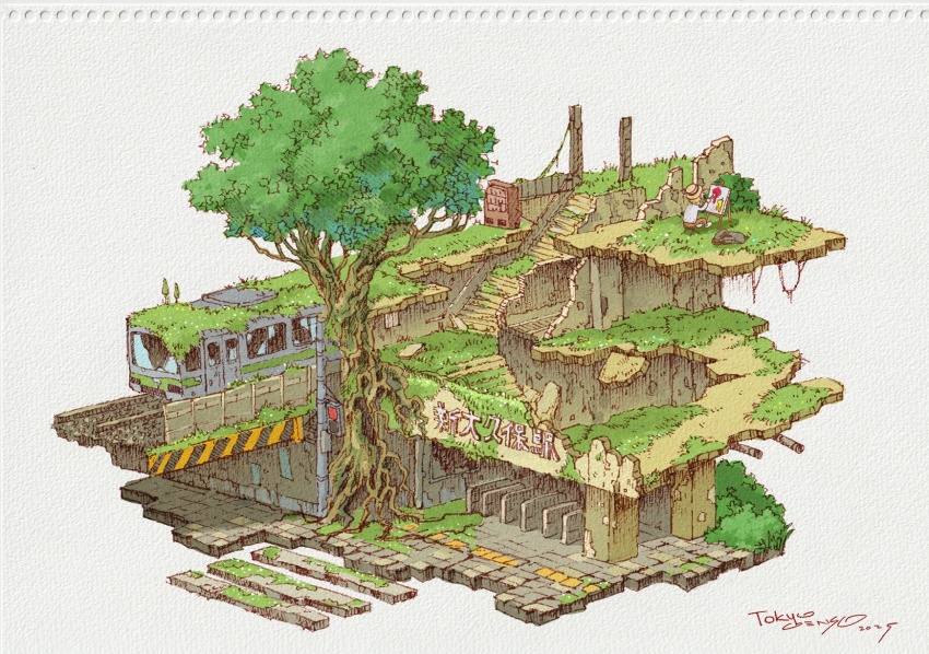 1boy 2025 abandoned brown_hat brown_pants canvas_(object) commentary_request dilapidated hat highres male_focus moss original overgrown painting_(action) pants post-apocalypse ruins shirt signature sitting solo stairs tokyogenso traditional_media train tree vending_machine white_shirt