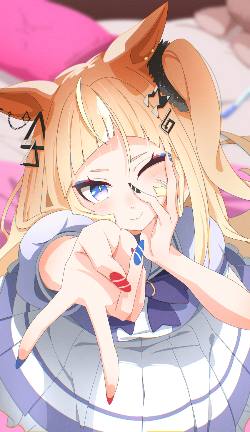 1girl ;) absurdres animal_ears blue_eyes blurry blurry_background blush bow bowtie commentary espoir_city_(umamusume) from_above highres horse_earrings horse_ears horse_girl jagili_noe long_hair looking_at_viewer one_eye_closed orange_hair pleated_skirt puffy_short_sleeves puffy_sleeves purple_bow purple_bowtie purple_shirt sailor_collar sailor_shirt school_uniform shirt short_sleeves skirt smile solo tracen_school_uniform tsurime umamusume v white_skirt
