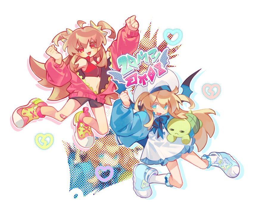 2girls ahoge arm_up arms_up bandaid bandaid_on_leg black_shorts blue_boots blue_bow blue_bowtie blue_eyes blue_jacket boots bow bowtie brown_hair dress evil_neuro-sama fang hair_between_eyes hat highres jacket long_hair looking_at_viewer multiple_girls neuro-sama open_clothes open_jacket open_mouth red_eyes red_jacket red_shoes red_tank_top shoes shorts siblings simple_background sisters skin_fang socks ssbaby tank_top turtle twintails two_side_up vedal987 vedal_ai virtual_youtuber white_background white_dress white_hat white_socks wide_shot