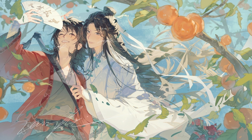 2boys absurdres artist_request bishounen black_eyes black_hair branch chinese_clothes chinese_commentary chinese_knot coat commission dao_gui_yi_xian day facial_mark falling_leaves floating_hair flower folding_fan food forehead_mark fruit grey_hanfu grin hair_bun hair_ornament hair_ribbon half_updo hand_fan hand_fan_writing hand_up hanfu highres holding holding_fan jewelry leaf li_huowang light_particles long_hair long_sleeves male_focus multiple_boys one_eye_closed open_mouth outdoors paintbrush_hair_ornament parted_lips red_coat red_eyes ribbon robe sample_watermark sash second-party_source single_hair_bun sky smile sunlight sword sword_on_back tassel teeth tree upper_body water watermark weapon weapon_on_back white_hanfu white_ribbon wide_sleeves wind yaoi zhuge_yuan