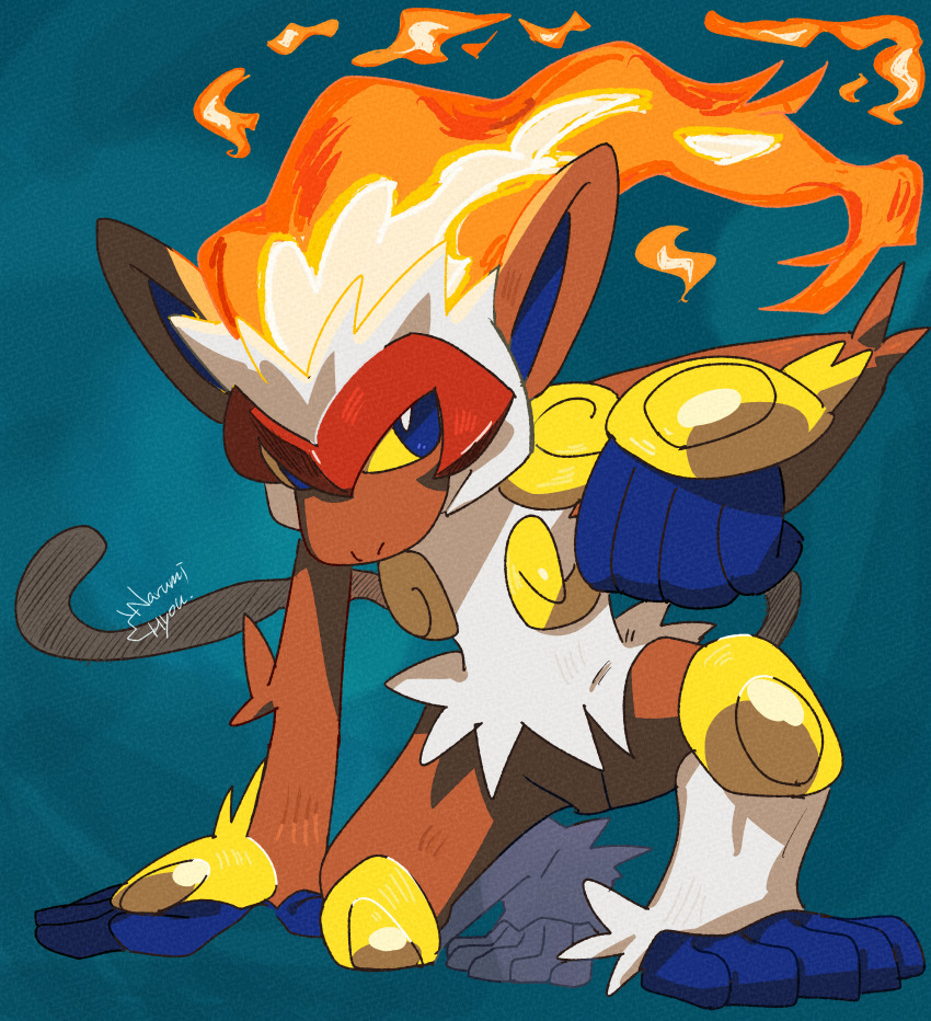 absurdres arm_support blue_background blue_eyes colored_sclera fiery_hair full_body gen_4_pokemon highres infernape looking_at_viewer narumi_hyou nintendo no_humans nostrils on_one_knee pokemon pokemon_(creature) signature simple_background solo yellow_sclera