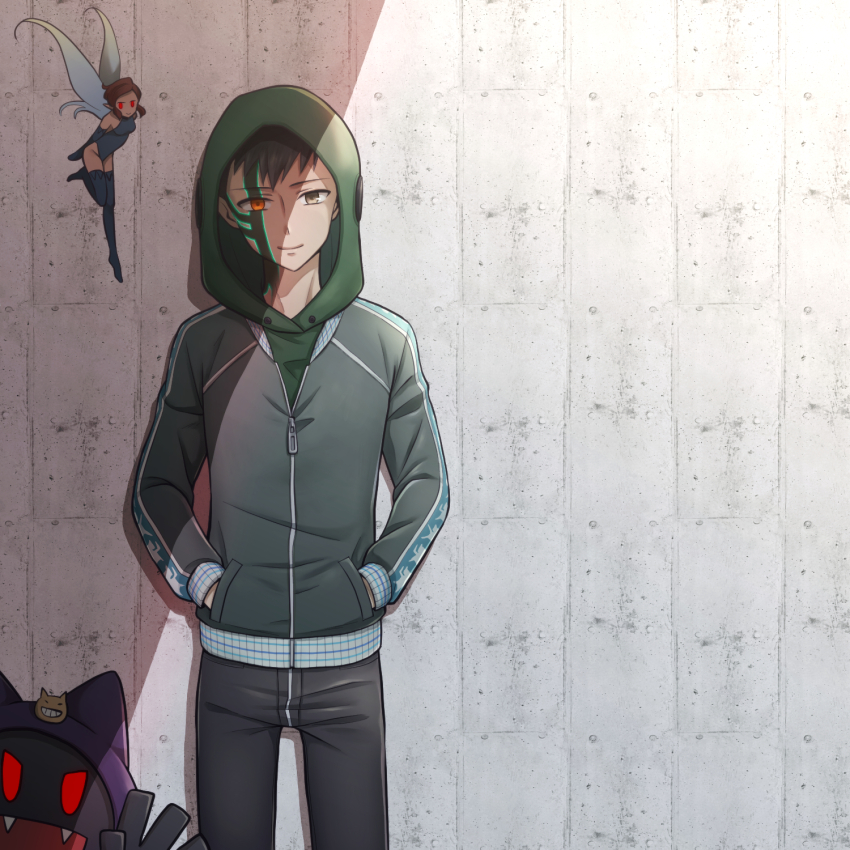 1boy 1girl 1other black_frost black_hair blue_gloves blue_leotard blue_thighhighs body_markings demi-fiend facial_mark facial_tattoo fairy fairy_wings fangs gloves hands_in_pockets hat heterochromia highres hood hood_up hooded_jacket jacket leotard looking_at_viewer mitaka0205 pixie_(megami_tensei) red_eyes red_hair shaded_face shadow shin_megami_tensei shin_megami_tensei_iii:_nocturne smiley_hat_ornament standing tattoo thighhighs wings yellow_eyes zipper