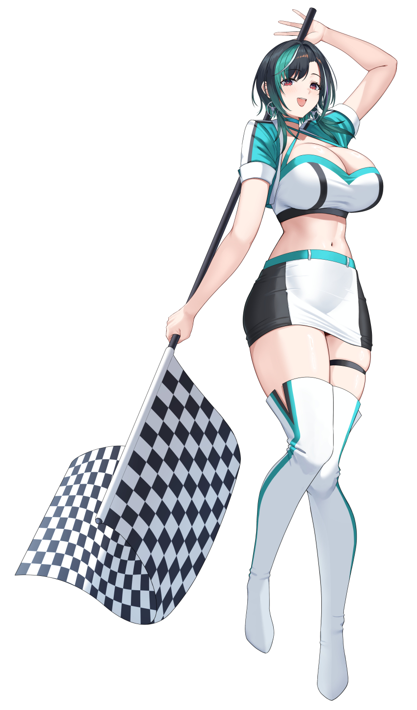 1girl absurdres aqua_hair aqua_shirt arisugawa_ya arm_up black_hair black_skirt breasts checkered_flag cleavage commentary_request flag full_body highres hololive hololive_dev_is large_breasts multicolored_hair multicolored_shirt navel open_mouth race_queen rindo_chihaya shirt short_hair simple_background skirt smile solo streaked_hair thighhighs thighs two-tone_skirt virtual_youtuber white_background white_hair white_shirt white_skirt white_thighhighs