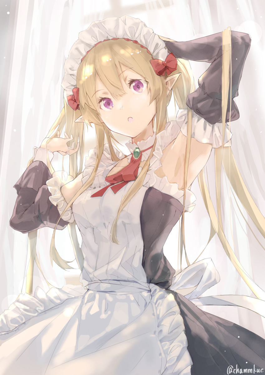 1girl :o absurdres apron armpits black_dress blonde_hair bow breasts chamu_(chammkue) curtains detached_sleeves dress elf hair_between_eyes hand_on_own_head highres juliet_sleeves long_hair long_sleeves maid maid_apron maid_headdress medium_breasts myucel_foalan open_mouth outbreak_company pointy_ears puffy_sleeves purple_eyes red_bow solo twintails twitter_username very_long_hair white_apron