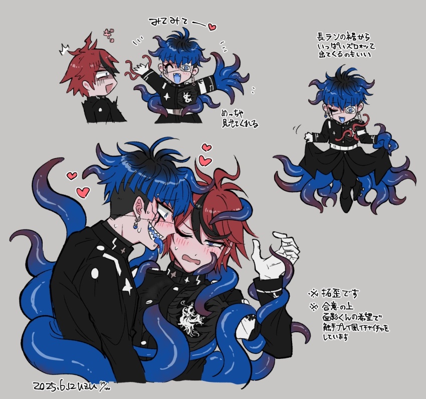 2boys :d ^_^ ahoge armband black_hair black_streaks blue_eyes blue_hair blush body_horror closed_eyes colored_mouth cracked_skin curtsey dated earrings embarrassed eye_contact eye_print eyeliner eyepatch face_piercing facial_mark fangs gakuran gloves grey_background grin hole_in_chest hole_on_body jewelry labret_piercing last_defense_academy_school_uniform looking_at_another loving_aura makeup male_focus monster_boy multicolored_hair multiple_boys multiple_views nose_blush omokage_yugamu one_eye_closed one_eye_covered open_mouth piercing print_eyepatch red_eyeliner red_hair school_uniform sharp_teeth short_hair signature simple_background smile streaked_hair sumino_takumi surprised teeth tentacle_arm tentacle_hair tentacles tentacles_on_male tentacles_under_clothes the_hundred_line_-last_defense_academy- tongue tongue_out undercut uzu_(uzusio55) very_short_hair white_armband yaoi