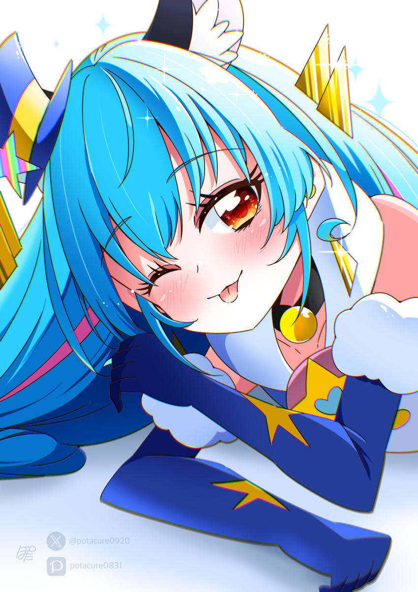 1girl absurdres animal_ears black_choker blue_gloves blue_hair blue_hat blue_shirt blush cat_ears cat_girl choker cure_cosmo earrings elbow_gloves extra_ears fur-trimmed_gloves fur_trim gloves hat highres jewelry long_hair magical_girl mini_hat mini_top_hat multicolored_hair one_eye_closed orange_eyes pixiv_username pota_(potacure1011) precure shirt signature sleeveless sleeveless_shirt smile solo star_twinkle_precure tongue tongue_out top_hat twitter_username two-tone_hair yuni_(precure)