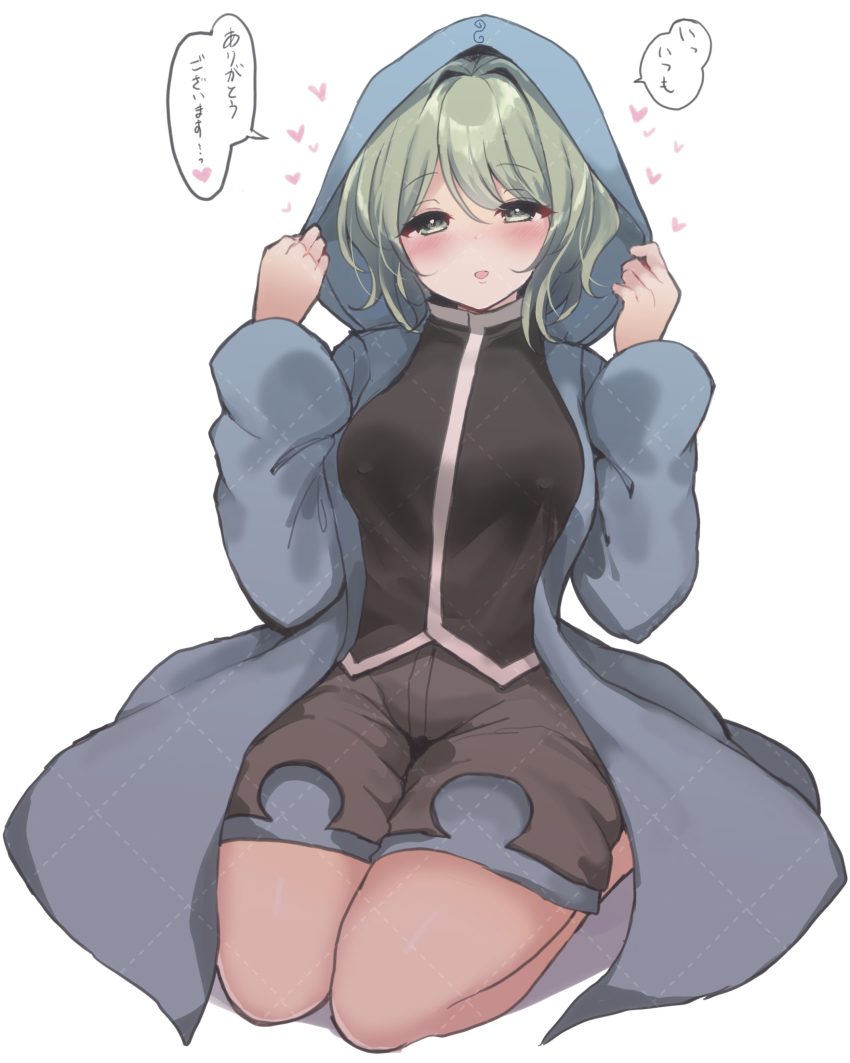 1girl aroused bare_legs black_shirt blue_jacket blush breasts commentary_request covered_erect_nipples dot_nose eyelashes full_body genderswap genderswap_(otf) green_eyes green_hair grey_shorts hands_on_headwear heart highres hood hood_up hooded_jacket jacket kneeling len&#039;en long_sleeves looking_at_viewer open_clothes open_jacket open_mouth ougi_hina shirt shitodo_aoji short_hair shorts simple_background smile solo speech_bubble thighs translation_request white_background