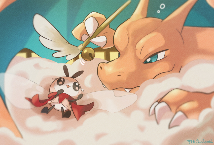:d aqua_eyes bell cat_teaser cbpea1 charizard claws closed_mouth commentary_request eye_contact fangs fangs_out gen_1_pokemon gen_7_pokemon highres looking_at_another lying nintendo no_humans on_back open_mouth pokemon pokemon_(creature) red_scarf ribombee scarf smile