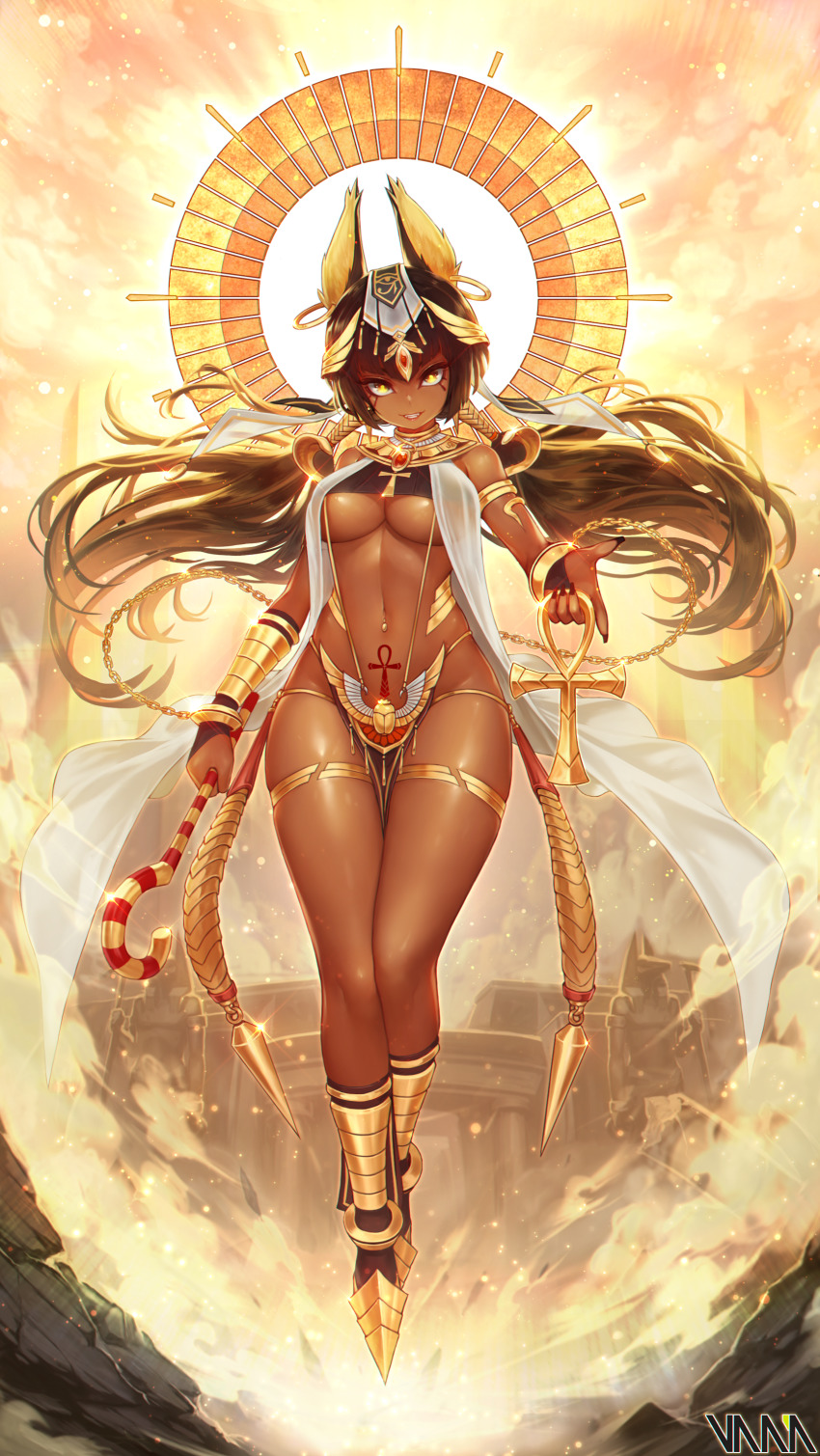 1girl absurdres ancient_egyptian_clothes anubis_(mythology) armlet armored_boots artist_name backlighting bare_shoulders black_nails boots bracer breasts brown_hair building cane chain cross dark-skinned_female dark_skin earrings facial_mark female_focus fingernails floating floating_hair full_body gem glint gold gold_chain headpiece highres holding jewelry knee_boots large_breasts loincloth long_fingernails long_hair looking_at_viewer low_twintails nail_polish navel navel_piercing original outdoors outstretched_arm parted_lips piercing pubic_tattoo red_gemstone revealing_clothes skindentation smile solo statue stomach tattoo thighlet thighs twintails underboob vana very_long_hair yellow_eyes