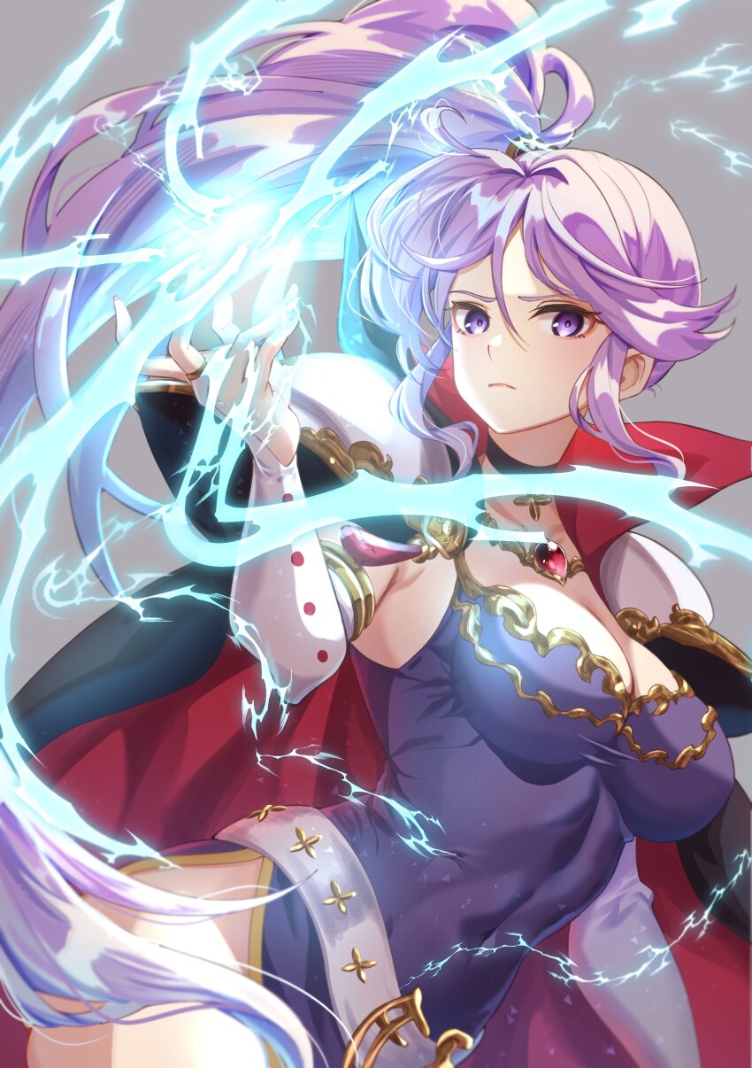 1girl absurdres armor belt breasts cape commentary commission commissioner_upload electricity english_commentary fire_emblem highres ishtar_(fire_emblem) jewelry karashino large_breasts magic necklace nintendo pauldrons ponytail purple_eyes purple_hair shoulder_armor skeb_commission