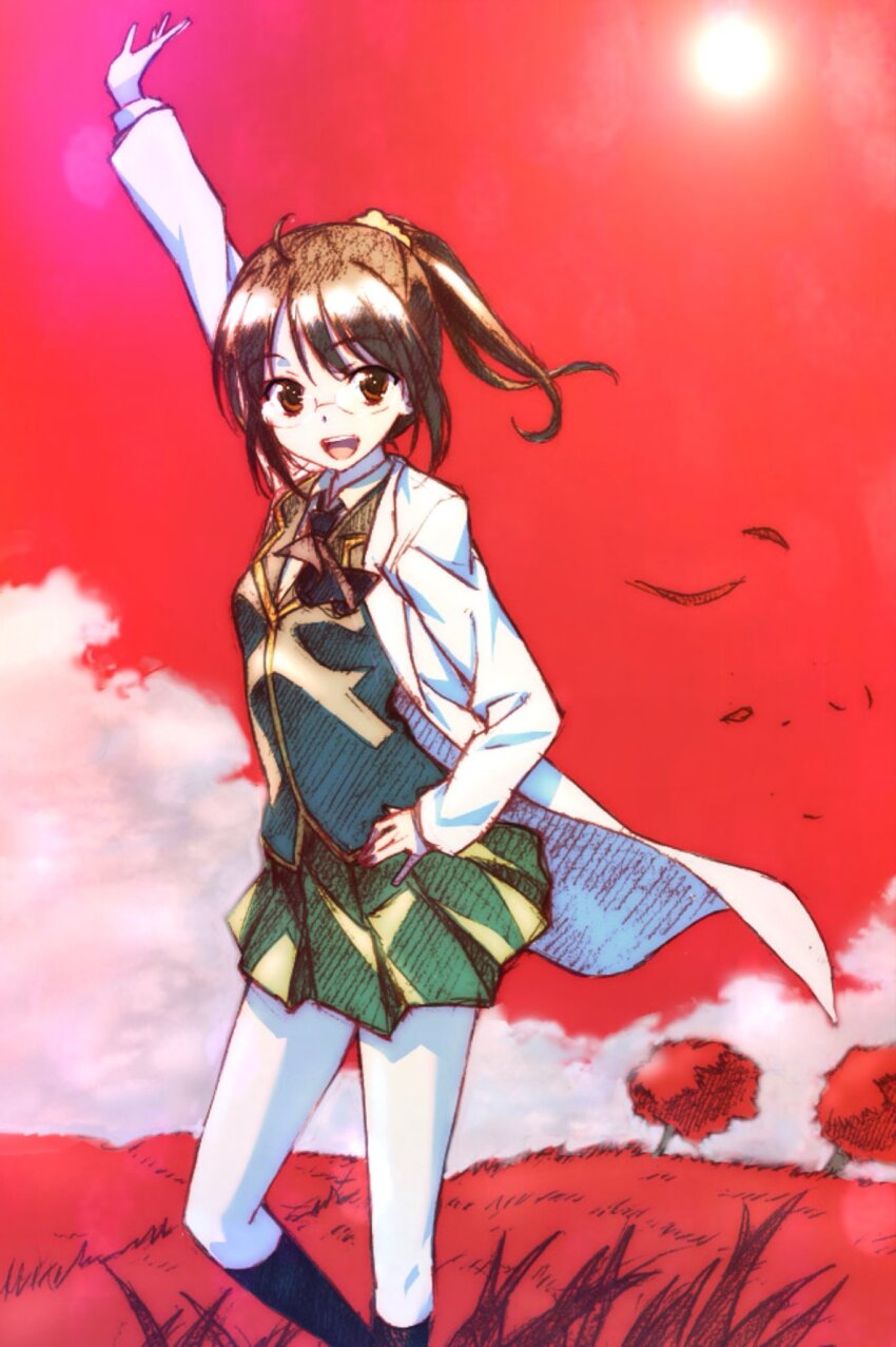 1girl ahoge arm_up black_necktie black_socks blazer boku_wa_tomodachi_ga_sukunai brown_eyes cloud commentary_request cumulonimbus_cloud feet_out_of_frame glasses green_jacket green_skirt hair_ornament hair_scrunchie hand_on_own_hip high_ponytail highres horizon jacket lab_coat long_sleeves looking_at_viewer medium_hair necktie official_artist_extra open_mouth outdoors plaid_clothes plaid_skirt pleated_skirt ponytail red_grass red_sky school_uniform scrunchie shiguma_rika skirt sky smile socks solo st._chronica_academy_school_uniform standing sun tree watanabe_yoshihiro wind winter_uniform yellow_scrunchie