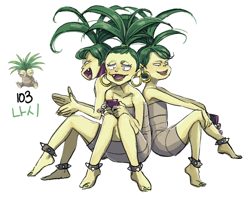 3girls bare_shoulders barefoot cellphone collarbone commentary dress earrings exeggutor eyelashes fangs fingernails game_freak gen_1_pokemon green_hair green_nails grey_dress holding holding_phone hoop_earrings jewelry long_hair multiple_girls nail_polish nintendo open_mouth personification phone pokemon simple_background sitting smartphone spiked_anklet tamtamdi toenail_polish toenails translated white_background