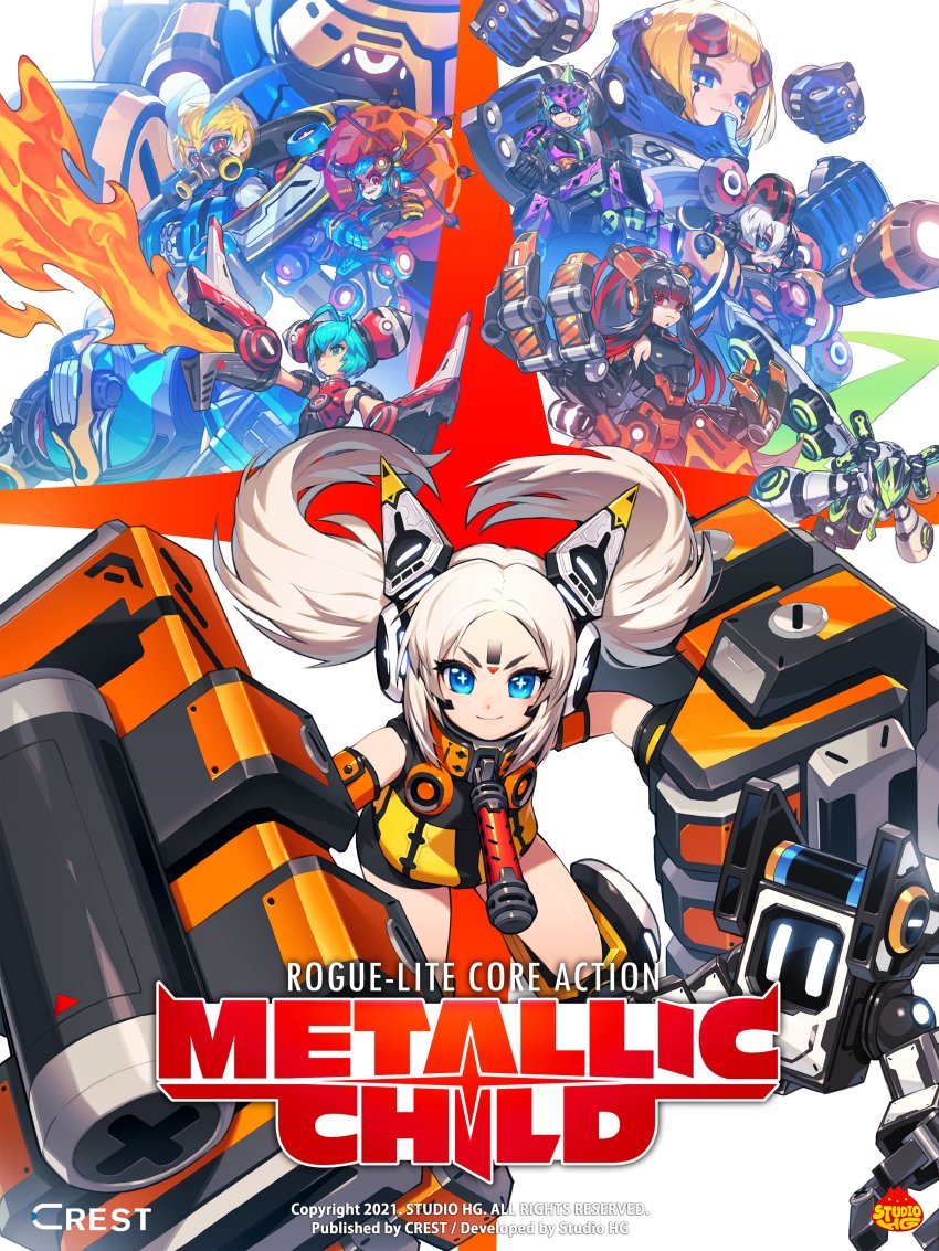 +_+ 3boys 5girls absurdres ahoge aqua_eyes armor black_hair blonde_hair blue_eyes blue_hair blunt_bangs breasts character_request clenched_hands copyright_name cover forehead hair_behind_ear hair_between_eyes hichi highres korean_commentary logo mask mecha mecha_danshi mecha_musume medium_breasts metallic_child mouth_mask multicolored_hair multiple_boys multiple_girls official_art one_eye_covered power_armor red_eyes red_hair robot rona_(metallic_child) science_fiction scowl short_hair smile smug streaked_hair twintails v-shaped_eyebrows video_game_cover white_eyes white_hair