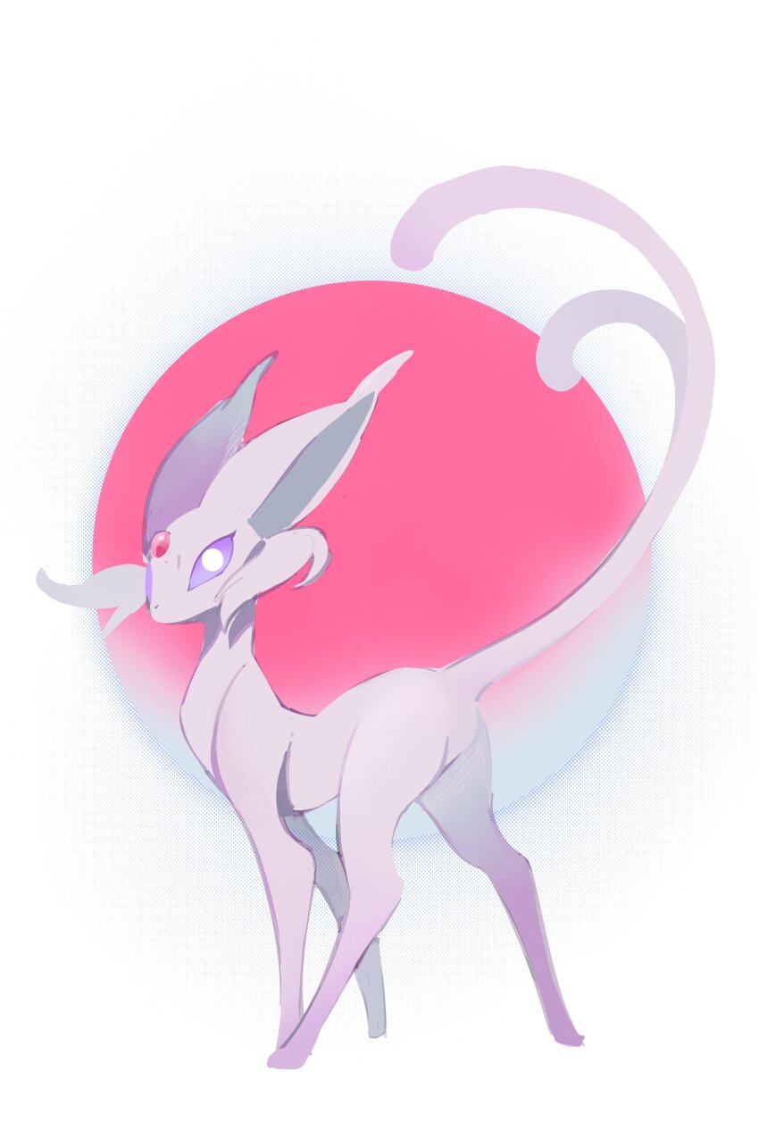 absurdres animal_focus animal_hands bright_pupils colored_sclera espeon forehead_jewel forked_tail full_body game_freak gem gen_2_pokemon highres lanjiujiu looking_at_viewer nintendo no_humans pokemon pokemon_(creature) pokemon_focus purple_eyes purple_fur purple_sclera red_gemstone simple_background solo standing tail white_background white_pupils