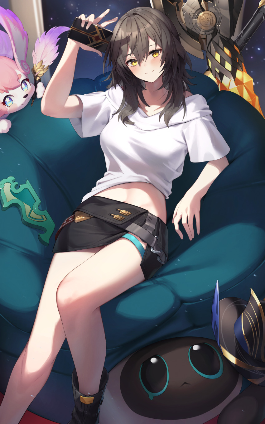 1girl absurdres black_boots black_skirt boots breasts commentary_request commission critter_pick_(honkai:_star_rail) e_buki grey_hair highres holding holding_phone honkai:_star_rail honkai_(series) legs long_hair looking_at_viewer lying medium_breasts mem_(honkai:_star_rail) midriff_peek miniskirt phone pixiv_commission shirt skirt smile stelle_(honkai:_star_rail) thigh_strap trailblazer_(honkai:_star_rail) white_shirt yellow_eyes